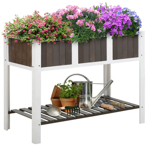 Rootz Raised Bed - Planting Table - Gardening Table - Wooden Garden Beds for Vegetables - Flowers Planters with Shelf - White/Grey - 119 x 57 x 89 cm