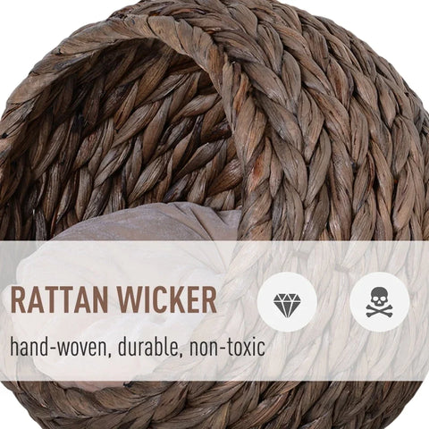 Rootz Water Hyacinth Cat Basket with Cushion - Cat Bed - Cat House - Pet Bed - Brown + Beige - 50cm x 42cm x 60cm