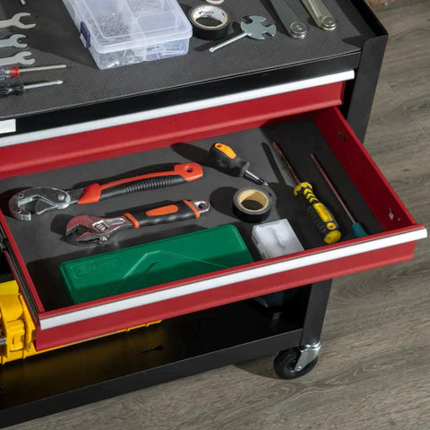 Rootz Workshop Trolley - Tool Trolley - Cabinet - 4 Wheel 2 Drawer 1 Cabinet - Steel - Red/Black - 62cm x 33cm x 74cm