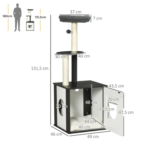Rootz Scratching Post - Cat House - Litter Box - With Lying Cushion - 2 Platforms - Toy Ball - Dark Grey - 49 x 46 x 131.5cm