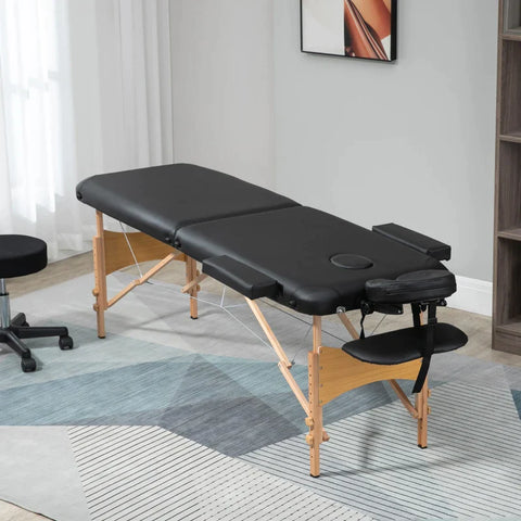 Rootz Portable Massage Bed - Folding Spa - Beauty Massage Table - 2 Sections - Headrest Beech - Carry Bag - Wooden Frame - Black - 215L x 80W x 61-88Hcm