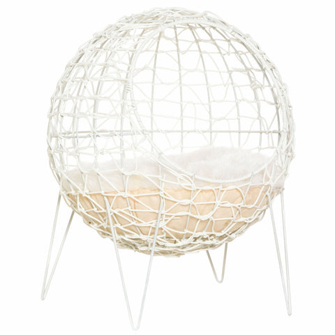 Rootz Rattan Cat Basket - Cat Cave - Cat Hut - Cat Bed with Cushion - Elevated Design - Pet Bed - Cream White - Ø45 x 57H cm