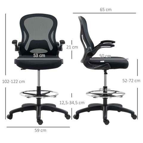Rootz Office chair - Drawing Chair - Height Adjustable - with Footrest - Black - 59cm x 65cm x 122cm