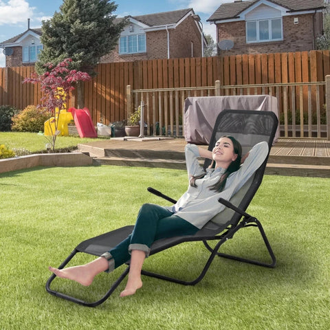 Rootz Sun Lounger - Garden Lounger - Deck Chair - Lounge Chair - Foldable - Adjustable - Textilene - Steel - Black - 62 x 143 x 97 cm