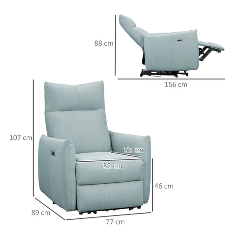 Rootz Fauteuil - TV Stoel - Recliner Chair - Relaxfauteuil - Met Elektrische Motor - USB Oplaadpoort - Linnen Look Polyester/Staal/Foam - Blauw - 77 x 89 x 107 cm