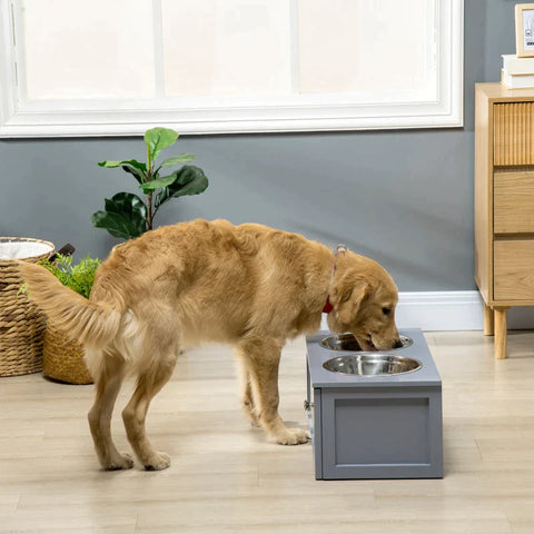 Rootz Futterstation – Erhöhte Futterstation – 2 Futternäpfe je 2 Liter – Edelstahl – Mit Schublade – Für mittelgroße Hunde – Grau – 60 x 30 x 24 cm