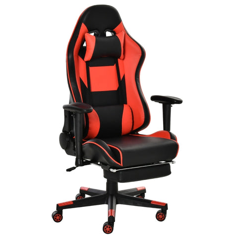 Rootz Gaming Stuhl – Bürostuhl – Ergonomischer Drehstuhl mit Kopfstütze – Stuhl mit Wipp- und Liegefunktion – Lendenkissen – 90–160° Neigungswinkel – Kunstleder – Schwarz + Rot – 72 x 72 x 121–130 cm