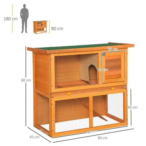 Rootz Small Animal Hutch - Rabbit Hutch - 2-Tier Rabbit Hutch - Wooden Guinea Pig Hutch - Double Decker Pet Cage - Run with Sliding Tray - Yellow + Green - 90cm x 45cm x 80cm