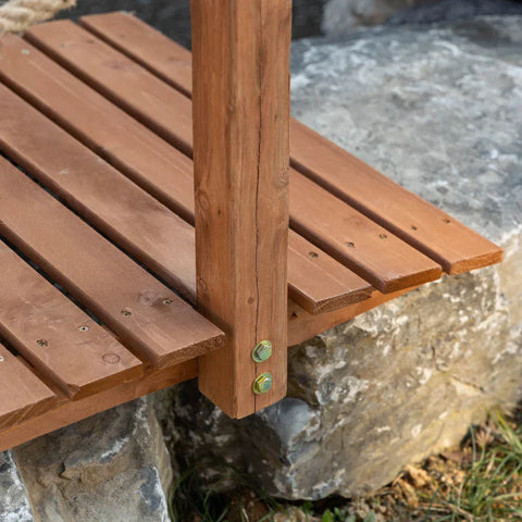 Rootz Garden Bridge - Wooden Bridge - Walkable Wooden Bridge - Pond Bridge - Ornamental Bridge With Railing Rope - Solid Wood - Brown - 152L x 67W x 50H cm