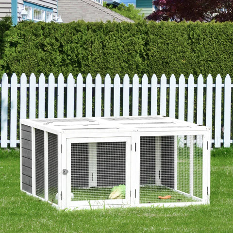 Rootz Kaninchenstall – Kaninchenstall für den Außenbereich – mit zu öffnendem Dach – Tannenholz – Grau – 120 cm x 120 cm x 60 cm