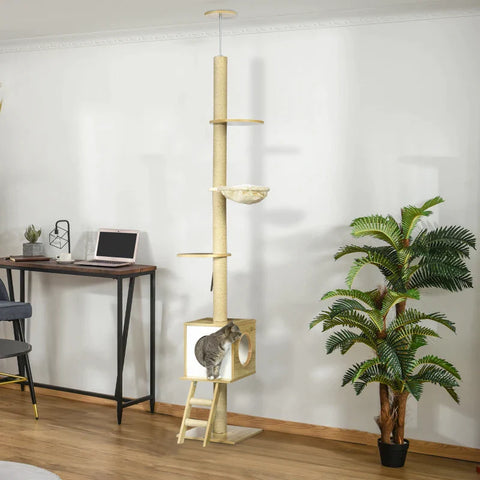 Rootz Scratching Post - Ceiling High - Cat House - Two Platforms - Hammock - Anti-tip - Light Brown + Beige - 40 x 40 x 260 cm