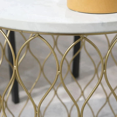 Rootz Patio Table - Garden Table - Side Table - Coffee Table - Marble & Gold Effect - Steel - Gold/White - 41 x 46cm & 35 x 38.5cm