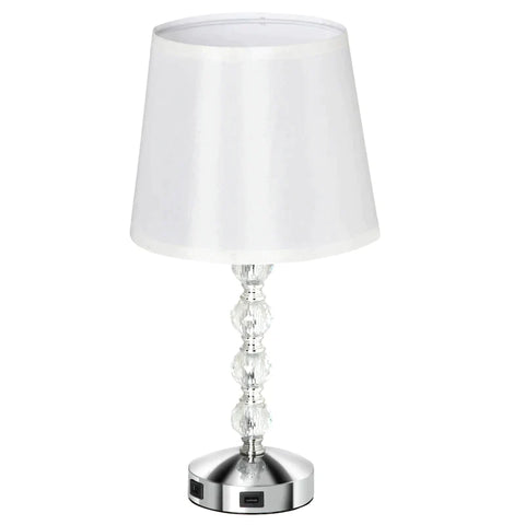 Rootz Table Lamp - Fabric Lampshade - Touch Sensor - USB Port - Crystal E27 - Living Room - Bedroom - Dining Room - White + Silver - Ø23 x 45H cm