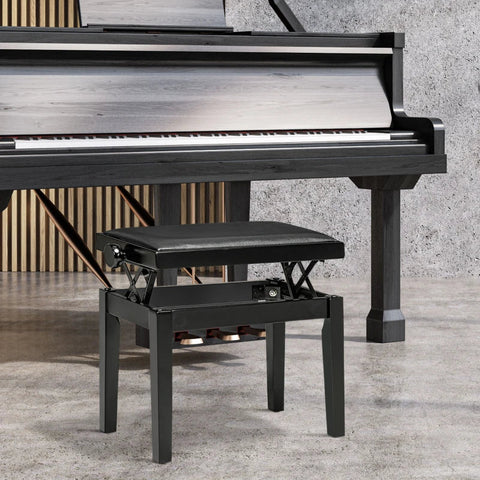Rootz Pianobank - Pianostoel - In Hoogte Verstelbaar - Elegant Hoogglans - Imitatie Leder + Rubber Hout - Zwart - 63 x 33 x 56 cm