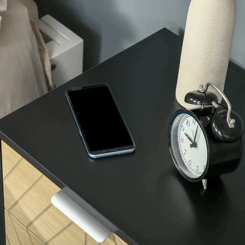 Rootz Bedside Table - 2 Large Drawers - Retro Antique Style - Bedroom - Living Room - Chipboard - Metal - Black + Natural - 40 cm x 36 cm x 48.5 cm