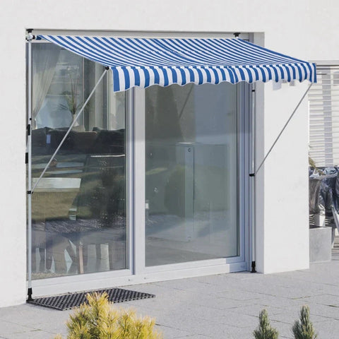 Rootz Markise - Gelenkarmmarkise - Klemmmarkise - Höhenverstellbar - Sonnenschutz - Klapparm-Handkurbel - Balkon - Blau/Weiß - 300 x 150 cm