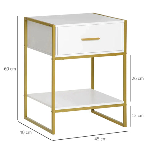 Rootz Set van 2 Nachtkastjes - 1 Lade 0 1 Plank - Wit + Goud - 45cm x 40cm x 60cm