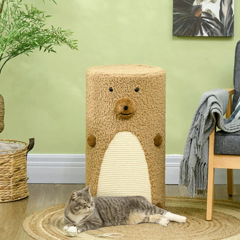 Rootz Bear Design Scratching Barrel - Cat Tower - 2 Cat Caves - 1 Scratching Surface - Chipboard - White + Brown - 35L x 35W x 66H cm