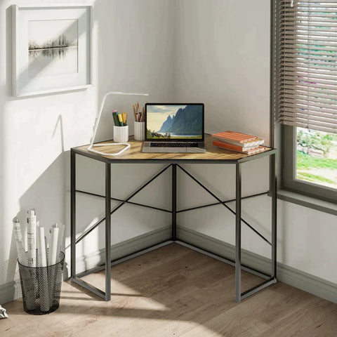 Rootz Corner Desk - Desk - Computer Desk - Office Desk - Work Desk - Industrial Design - Chipboard/Iron - Black/Brown - 80 cm × 80 cm × 77.5 cm