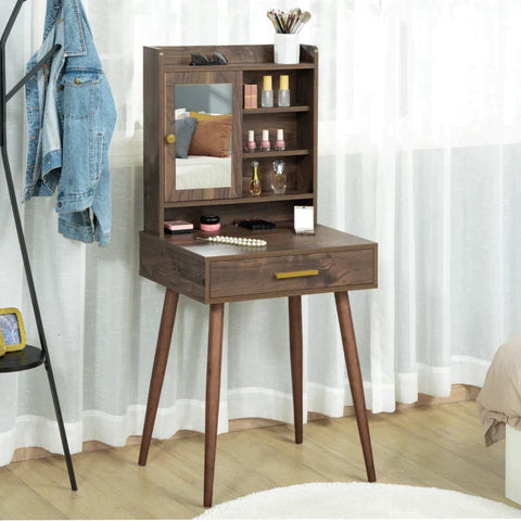 Rootz Cosmetic Table - Kaptafel - Met Spiegel &amp; Lade - Spaanplaat/Rubberhout/Glas - Walnoot - 60 x 45 x 134 cm