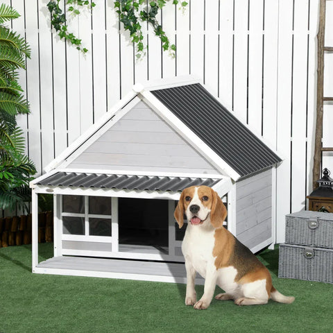 Rootz Hondenkennel met veranda - Hondenhuis - Weerbestendig - Behandeld dennenhout - 3 ramen - Dennenhout - Lichtgrijs + Wit - 126 cm x 118 cm x 105 cm