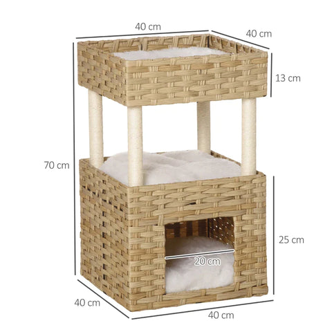 Rootz Cat Cave - Cat Basket With Scratching Post - 3-story Cat Bed - Cat Tower With 3 Cushions - Sun Roof - Sisal - Natural - 40 x 40 x 70 cm