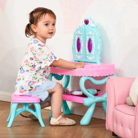 Rootz Children's Dressing Table - Baby Make-up Table With Stool Piano Music - PP plastic - PVC - Blue + Pink - 49.5L x 23W x 66H cm