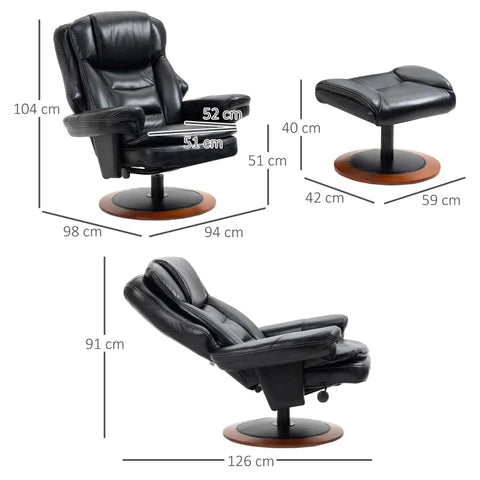 Rootz Relax Chair with Ottoman - Reclining Chair - 360° Rotating - Adjustable Backrest - Black + Brown - 94Lx98Wx104Hcm