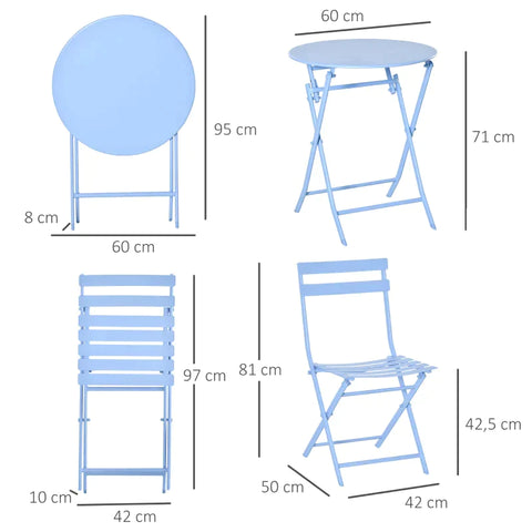 Rootz 3 Piece Garden Set - Bistro Table Set - Chairs - Rotary Table - Metal - Light Blue - Ø60L x 71H cm