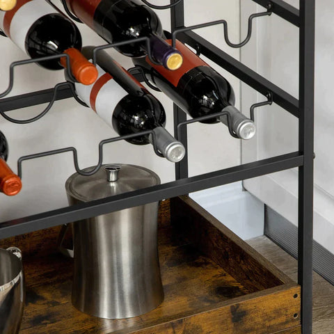 Rootz Kitchen Trolley - Serving Trolley - Industrial Kitchen Cart - With Bottle Holders - 2 Shelves - Chipboard/Steel - Black/Brown - 86.5cm x 40cm x 91.5cm