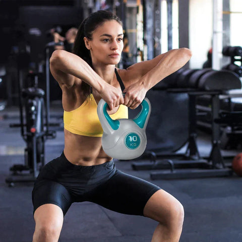 Rootz Kettlebell - 10kg Flat Bottom Large Handle - Faux Leather - Coat Blue - 22 x 16 x 26cm