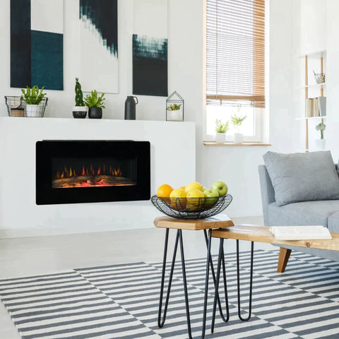 Rootz Electric Fireplace - Freestanding Fireplace Stove with Flame Effect - Metal - Tempered Glass - Black - 91.4 x 11 x 44 cm