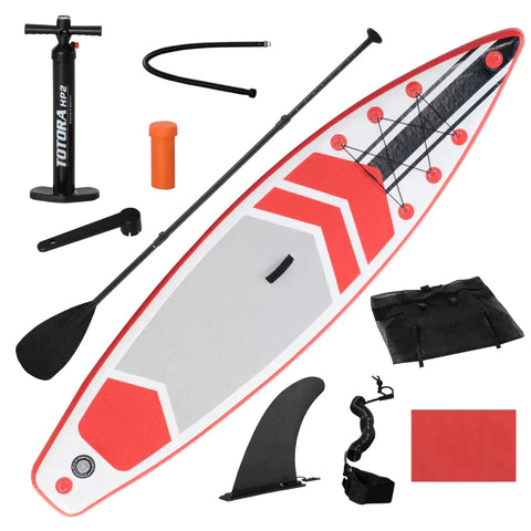 Rootz Surfboard - Inflatable Surfboard - Stand Up Board With Paddle - Foldable - EVA - Non-slip - White + Red - 320L x 76W x 15H cm