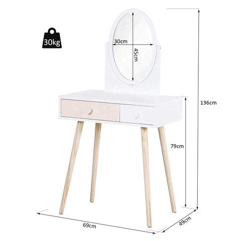 Rootz Kinderkaptafel - Cosmeticatafel - Kaptafel - 2 Laden - Hout - Wit - 69 x 49 x 136 cm