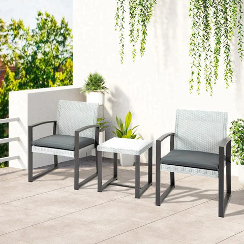 Rootz Rattan-Bistro-Set – 3-teiliges Bistro-Set – Poly-Rattan-Bistro-Set – Balkonmöbel-Set – Gartenmöbel-Set – mit Beistelltisch – Garten-Set – Sitzgarnitur – Stahl – Schwarz/Grau