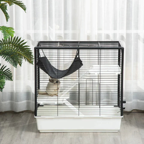 Rootz Small Animal Cage - Small Animal Enclosure Rodent Cage Animal Cage - Cage - Outdoor Enclosure -with Ramp And Hammock - Steel/Aluminum/Plastic - Black/White/Gray - 80 x 48 x 78 cm