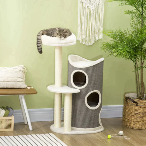 Rootz Scratching Post - Cat Tree - Scratcher - With Cat Bed & Scratcher Barrel - For Cats - Gray/Natural/White - 60cm x 44.5cm x 109cm