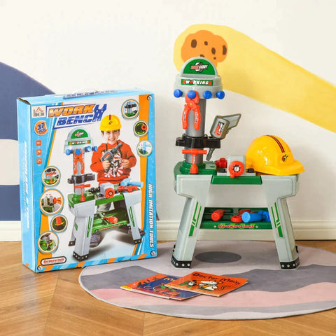 Rootz Children's Workbench With Tools - Work Table - Workbench Table With 37 Accessories - Role Play Toy For Children - Pp Plastic - Green/Grey - 44 x 26 x 71 cm