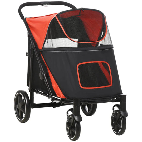 Rootz  Folding Dog Trolley - One-click System - Travel Essentials - Foldable - 2 Safety Lines - Steel+oxford Fabric - Red + Black - 112L x 65W x 100H cm