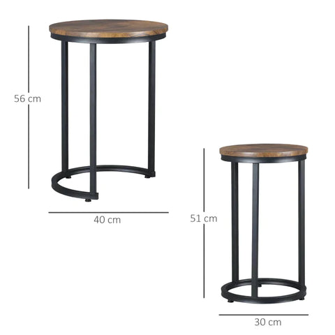 Rootz Set Of 2 Side Tables - Industrial Design - Stackable - Rustic Wood Grain - Metal Frame - Living Room - Brown + Black - 40 cm x 40 cm x 56 cm