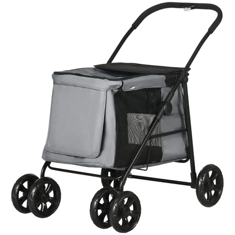 Rootz Dog Trolley With Cushion - 3 Side Pockets - Foldable Dog Trolley - Safety Leashes - Storage Bags - Gray + Black - 102 cm x 62 cm x 105 cm