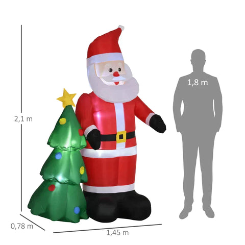Rootz Inflatable Christmas Decoration - Christmas Decoration Santa Claus - Santa Claus - With Christmas Tree - Polyester - Red - 145 x 78 x 210 cm