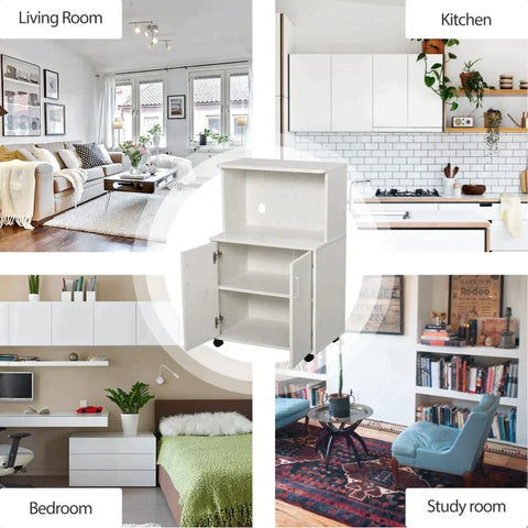 Rootz Kitchen Cabinet - Kitchen Storage Unit - Modern Microwave Stand Trolley Cart - Sideboard with Cabinet - Locking Wheels - Shelf for Living Room - Dining Room - White - 24" x 16" x 38"
