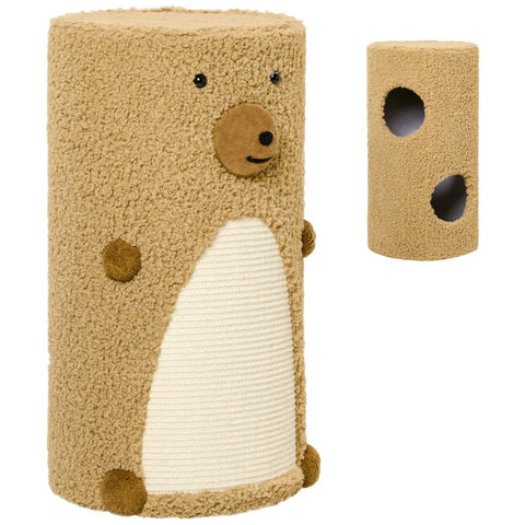 Rootz Bear Design Scratching Barrel - Cat Tower - 2 Cat Caves - 1 Scratching Surface - Chipboard - White + Brown - 35L x 35W x 66H cm