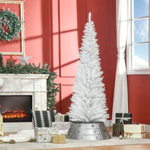 Rootz Christmas Tree - Artificial Pine Pencil Slim Tall Christmas Tree - Holiday Decor - Plastic Stand - White - Ø 55 x H180 cm