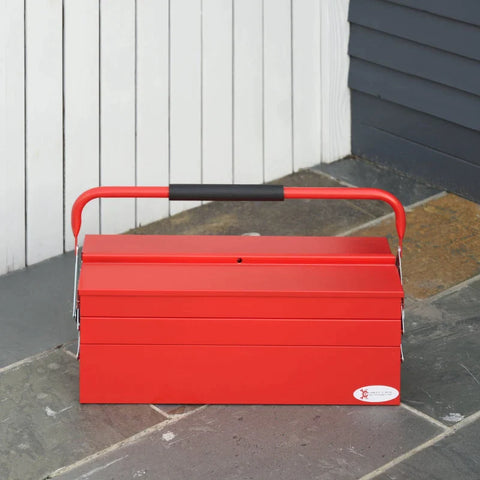 Rootz Tool Box - Metal Tool Box - Workshop Cantilever Toolbox - Portable Storage Cabinet - Foldable Tool Box - 5 Compartments Tool Box - With Carry Handle - Red - 56 x 20 x 41 cm