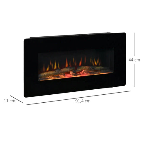 Rootz Electric Fireplace - Freestanding Fireplace Stove with Flame Effect - Metal - Tempered Glass - Black - 91.4 x 11 x 44 cm
