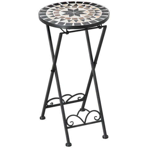 Rootz Plant Stand - Flower Stand - Plant Holder - Foldable Round - Metal/Ceramic Tile - Black/White/Yellow