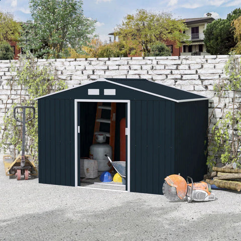 Rootz Gartenschuppen – Geräteschuppen – Lagerschuppen aus Metall mit Schiebetüren – Lagerschuppen für den Außenbereich mit Fundamentbelüftung – Anthrazit – 2,77 x 1,95 x 1,92 cm