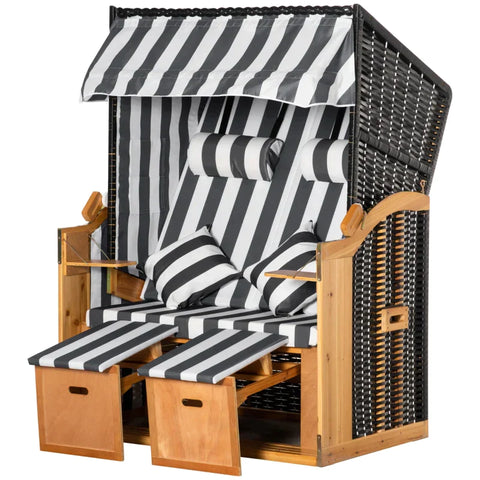 Rootz Beach Chair - Double Sun Lounger With Roof - Double Lounger With Cup Holders - Chaise Longue - 5-level Backrest - PE Rattan - Gray + White - 118 x 79 x 160 cm